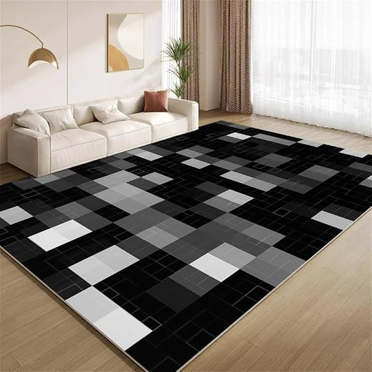 Modern Abstract Area Rugs, Black Gray White Geometry Carpet, Washable Non Slip Low Pile Soft Rug for Living Room Bedroom Decor Mat 5x7ft