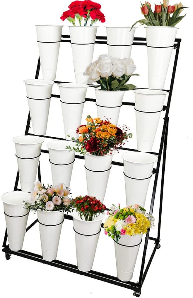 Decorative Flower Display Stand with Buckets for Cut Flowers, Heavy Duty Rolling Plant Stand on Wheels, Indoor Outdoor Flower Cart Ladder Shelf for Florist, Garden, Patio (4 Tier 16 White Bucket)