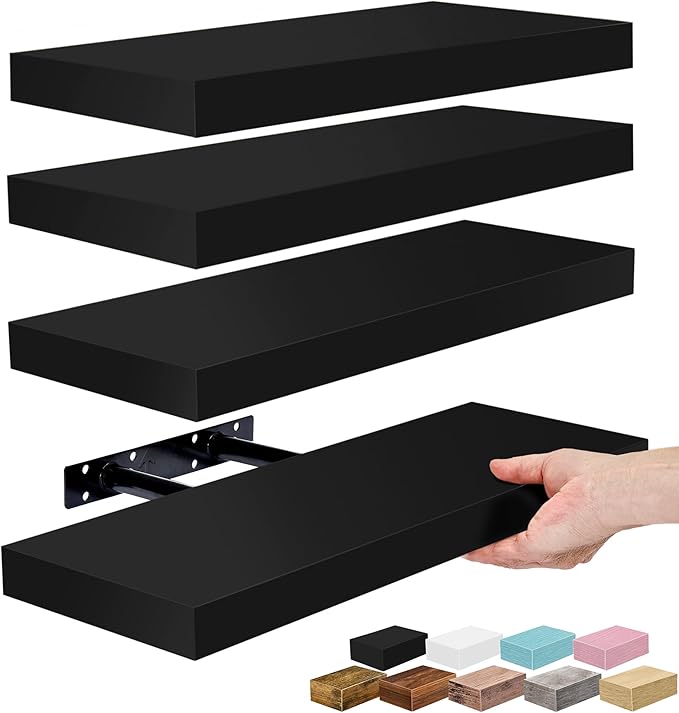 Sorbus Floating Shelves for Wall – 16 Inch Floating Shelf for Kitchen, Bedroom, Living Room, Bathroom, Home & Wall Decor - Mounted Bathroom Shelves with Invisible Brackets (Black, 4 Pack)