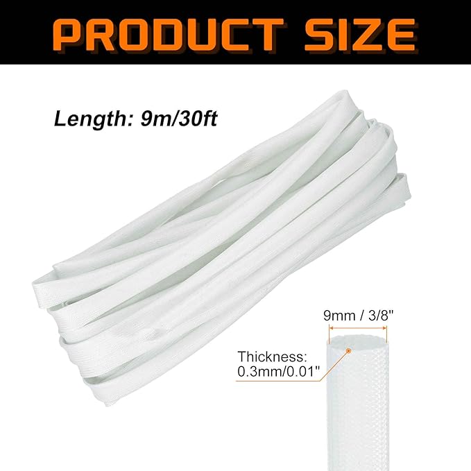MECCANIXITY 30ft Braided Cable Sleeve, 3/8" ID 200C High Temperature 1500V Fiberglass Wire Insulation Cord Protector Organizer Wires Management for Motor Engine Fuel Line, White