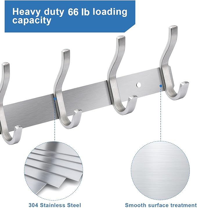 HAMUTH Wall Hooks Heavy Duty, 23 Inch Coat Rack Wall Mount with 8 Hooks, Silver Wall Hooks Hangers for Entryway, Bathroom - for Hanging Backpack, Bag, Coat, Purse, Hat, Towel, Clothes,2 Packs