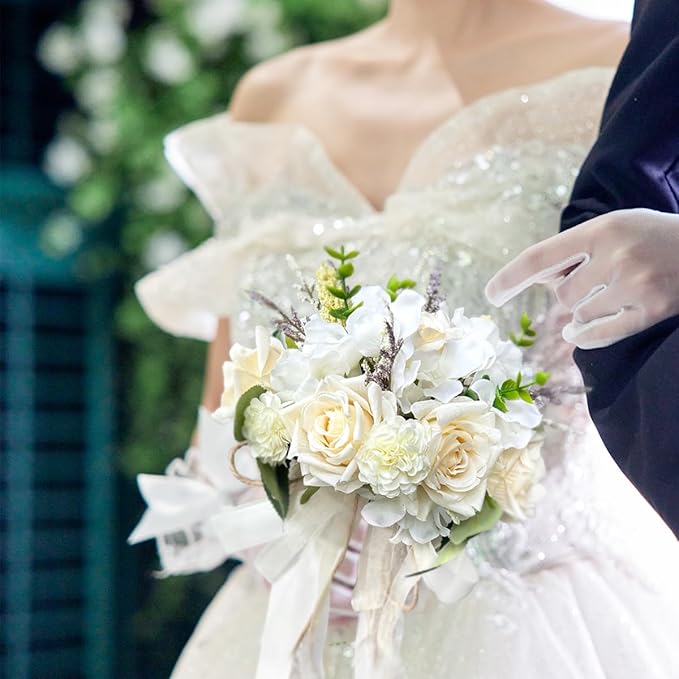 Wedding Bouquets for Bride Bridesmaid,Large Big Bridal Bouquet White Champagne Ivory Artificial Fake Silk Roses Flowers for Wedding French Vintage Boho Rustic Church Decoration Toss Bouquet (9.5in(L))