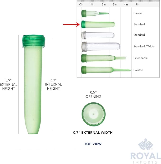 Royal Imports Floral Water Tubes with Caps – 3" Green Plastic Flower Vials for Single Stem Roses, Buds, Bouquets – Standard Style, 1/2" Opening – 25 Pack