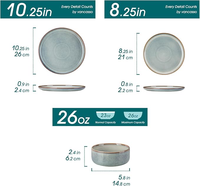 vancasso PLAYA Plates and Bowls Sets, 12 Pieces Light-Blue Dinnerware Sets for Kitchen, Reactive Glaze Dishes Set for 4, Dishwasher and Microwave Safe