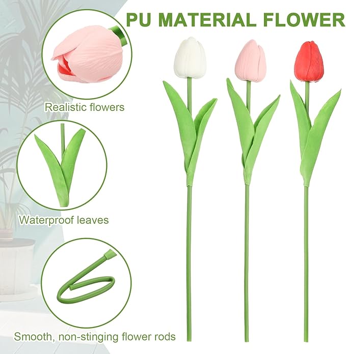 uxcell 20pcs Tulips Artificial Flowers, Faux Flowers Silk Fake Tulip Stems Real Touch for Wedding Bouquet Centerpiece Table Party Decoration(Dark Red, Candy Pink, Pure White)