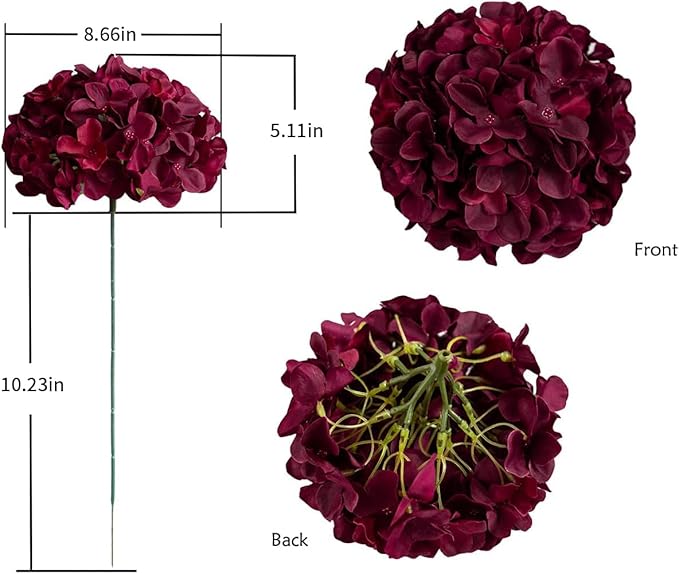 DuHouse 8.7" Silk Hydrangea Artificial Flower Heads with Stems Fake Hydrangeas Flowers for DIY Wedding Centerpiece Home Decor,Pack of 6 (Burgundy)