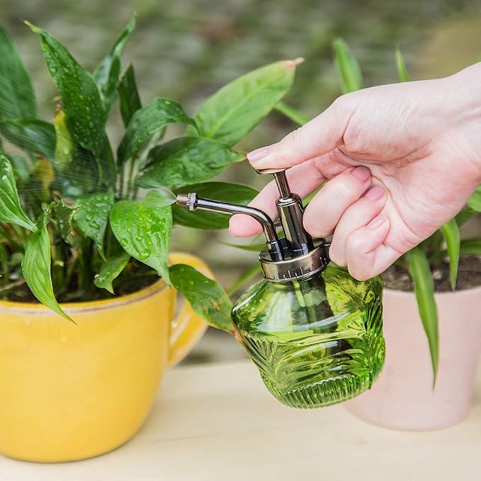 Glass Mini Watering Can Vintage Plant Mister Flower Water Spray Bottle and Faceted Glass Plant Watering Globe with Terracotta Spike, Plant Watering Gift Set,Green
