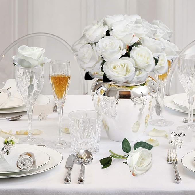 Mocoosy 12 PCS White Rose Artificial Flowers, Fake Roses with Long Stem Realistic Silk Rose Bouquets Wedding Centerpiece Decorations Faux Floral Arrangement Bridal Shower Party Home Office Table Decor