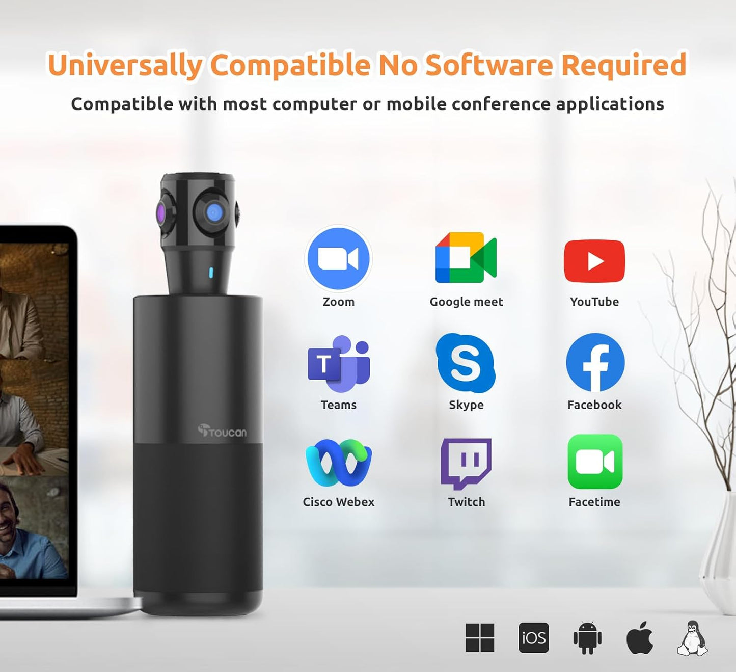 TOUCAN 360-Degree Video Conference Camera - 1080p HD Webcam with AI Tracking & 4 Noise Reduction Mics | Compatible with PC, Mac, Tablet