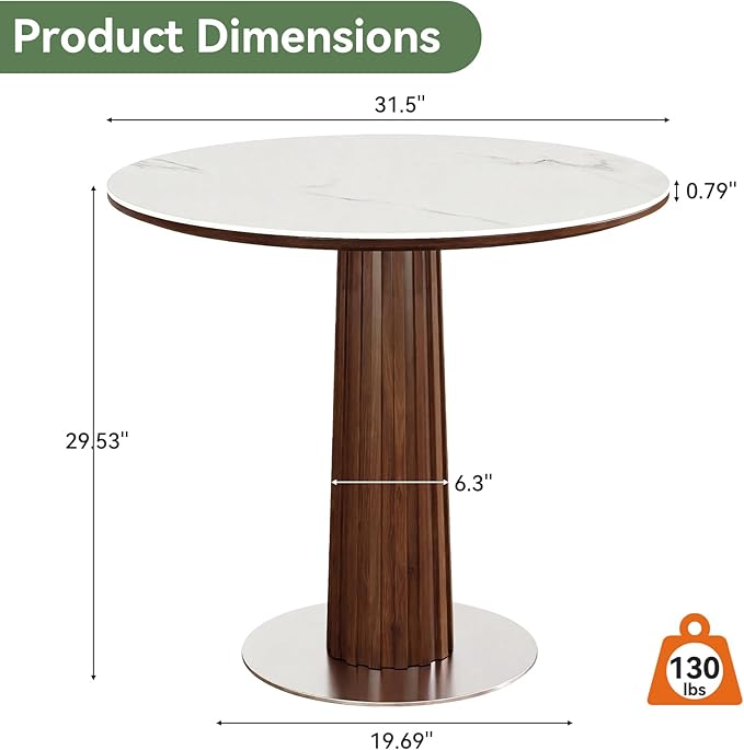 Round Dining Table, 31.5" Solid Wood Dinner Table with Thickened Top & Steel Pedestal, Mid Century Modern Bistro Table for Kitchen, Small Space, Living Room, Cafe, White & Walnut -Style B