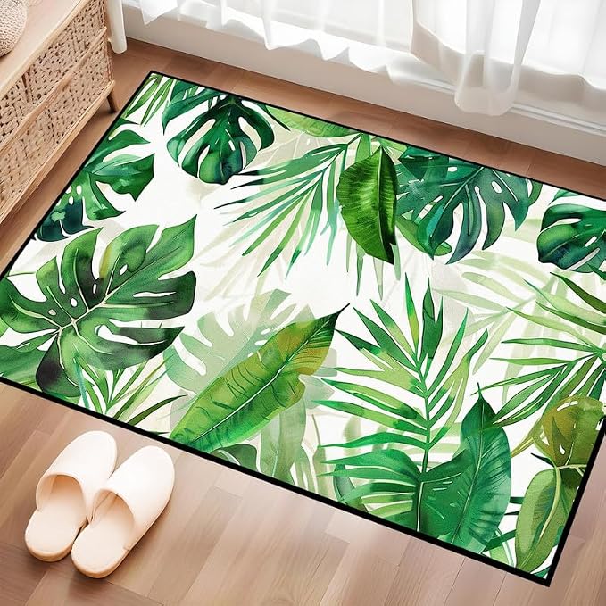 2'x3' Tropical Palm Leaf Rug Monstera Banana Leaves Floor Mat for Entryway Bedroom Living Room Nursery Playroom Home Decor Washable Low Pile Green Botanical Area Rug