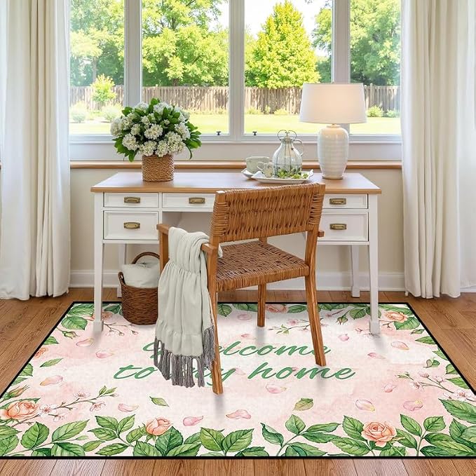 Welcome Rug Floral Area Rug for Bedroom Living Room Nursery Playroom Classroom Home Decor Pink Rose Green Leaf Carpet Non-Slip Washable Floor Mat,6'x9'