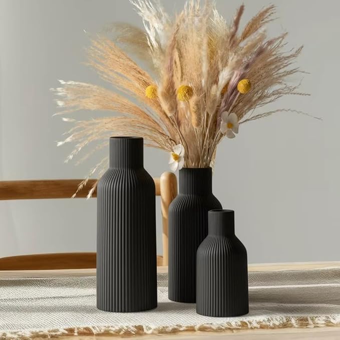 Black Ceramic Vases Set of 3, Black Ribbed Decorative Vases - Table Centerpieces for Wedding, Living Room, Office & Shelf Decor