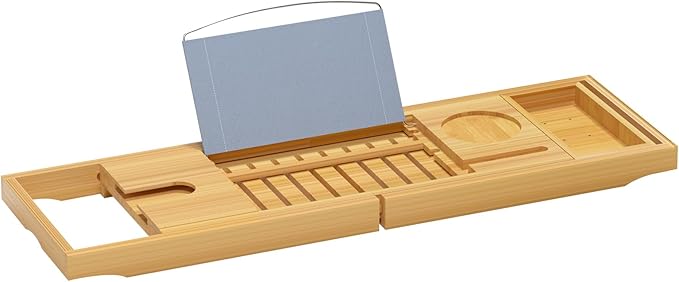 Sen Yi Bao Luxury Bamboo Bathtub Tray - Wooden Expandable Caddy with Book, Tablet, Wine Holder - Gift Idea