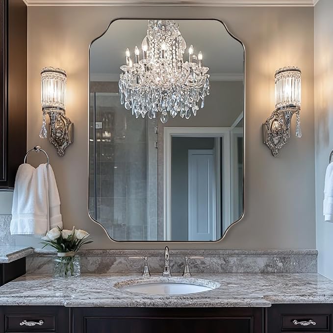 ANDY STAR Scalloped Bathroom Mirror, 24x32’’ Brushed Nickel Rectangle Mirror for Bathroom, Silver Bathroom Vanity Mirror, Unique Scalloped Edge Design, Rust-Proof Stainless Steel Frame