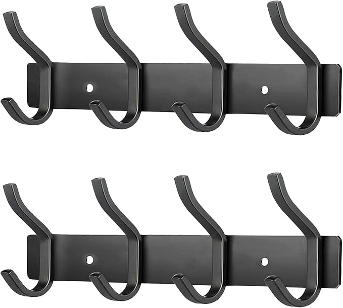 HAMUTH Wall Hooks Heavy Duty, 12 Inch Coat Rack Wall Mount with 4 Hooks, Black Wall Hooks for Entryway, Bathroom - for Hanging Backpack, Bag, Coat, Purse, Hat, Towel, Clothes,2 Packs