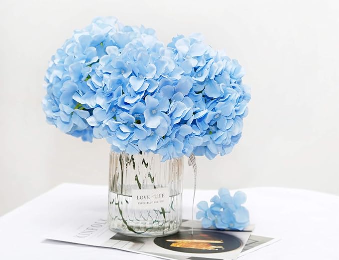 DuHouse Artificial Hydrangea Silk Flower Heads with Stem Fake Blue Hydrangea Bigger Flowers for Wedding Home Garden Centerpiece Pack of 6