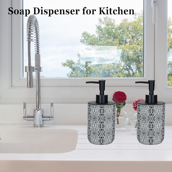 2pcs Hand Soap Dispenser Set, Boho Carving Resin Liquid Soap Dispensers for Bathroom Countertop, Heavy & Sturdy Dish Wash Soap Dispenser for Kitchen, Black