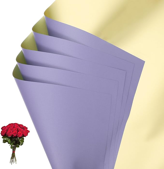 PATIKIL Flower Gift Wrapping Paper, 20 Sheets Double Sided Golden Waterproof Bouquet Paper Wrap Florist Supplies Packaging Floral Papers for Wedding DIY Craft Valentine, Purple Pink/Gold