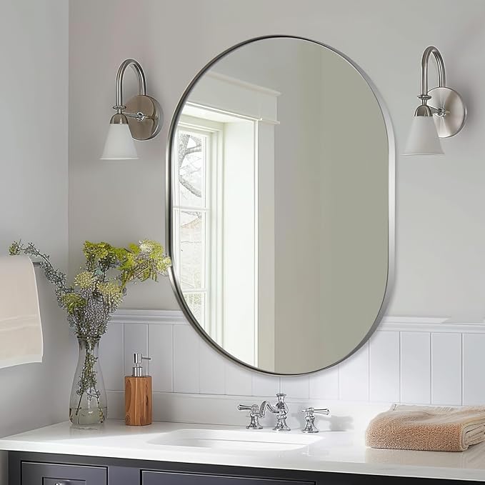 ANDY STAR Chrome Oval Mirror, 30x36'' Oval Mirror Pill-Shaped Design in Stainless Steel Metal Frame for Bathroom, Entryway, Living Room, Contemporary 1" Deep Wall Mount Vertical/Horizontal