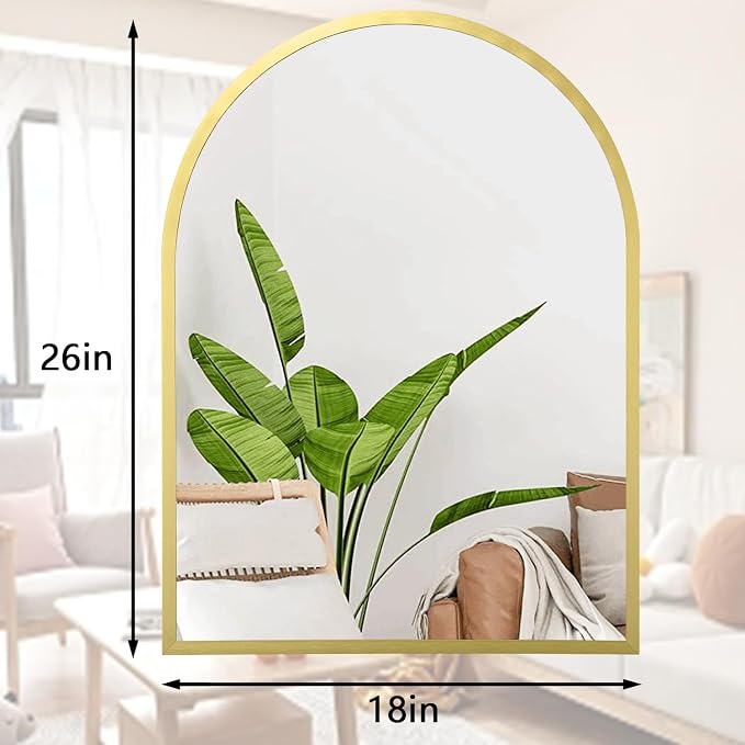 Arched Wall Mirror Aluminum Alloy Frame Bathroom Mirrors Brushed Metal Vanity Wall Mounted Mirror for LivingRoom Bedroom Entryway Room Home Decor 26"x18"
