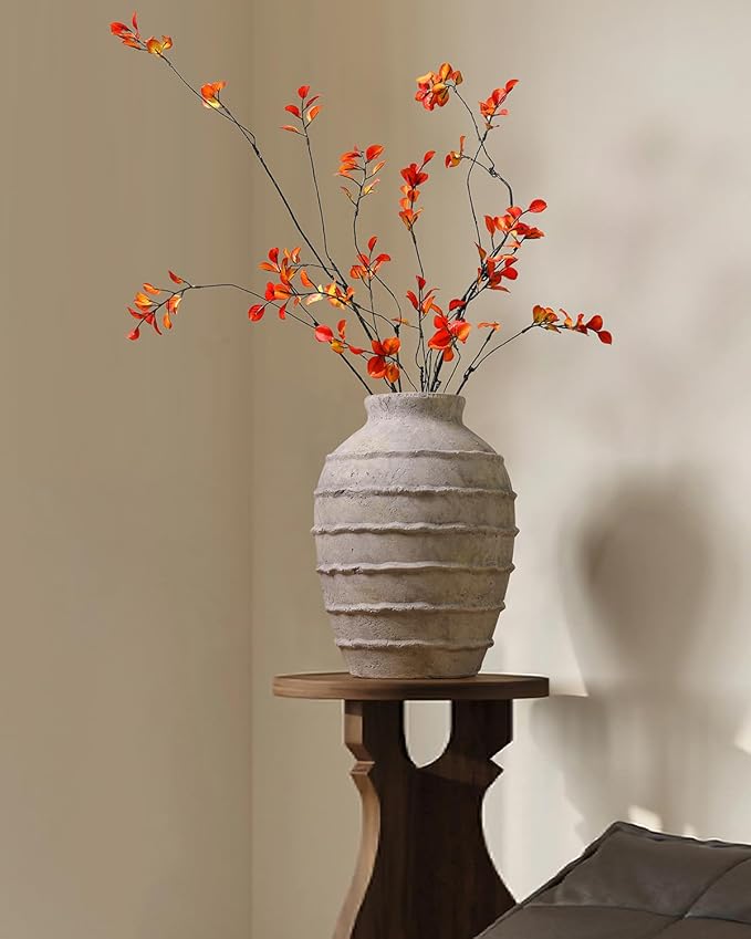 Kokrose Terracotta Vase, White Grey Rustic Farmhouse Decor, Vintage Large Pottery Clay Vase, Ceramic Flower Vases for Centerpieces, Table Top Fireplace Mantel Decor