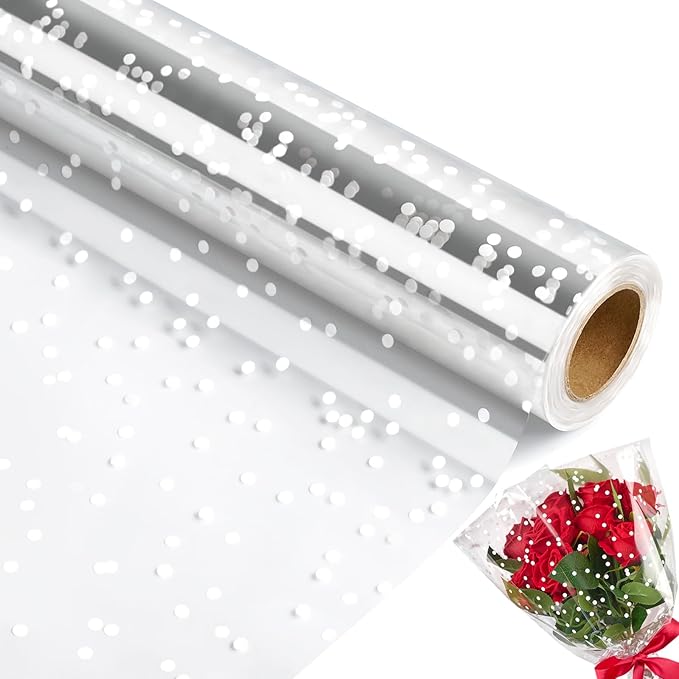 Jutieuo Clear Cellophane Wrap Roll | 100’Ft. Long X 34”In. Wide | 2.5 Mil Thick Crystal Clear with Irregular White Dot | Bouquet, Baskets, Gifts, Crafts, Treats, Wrapping (34" Fold into 17")