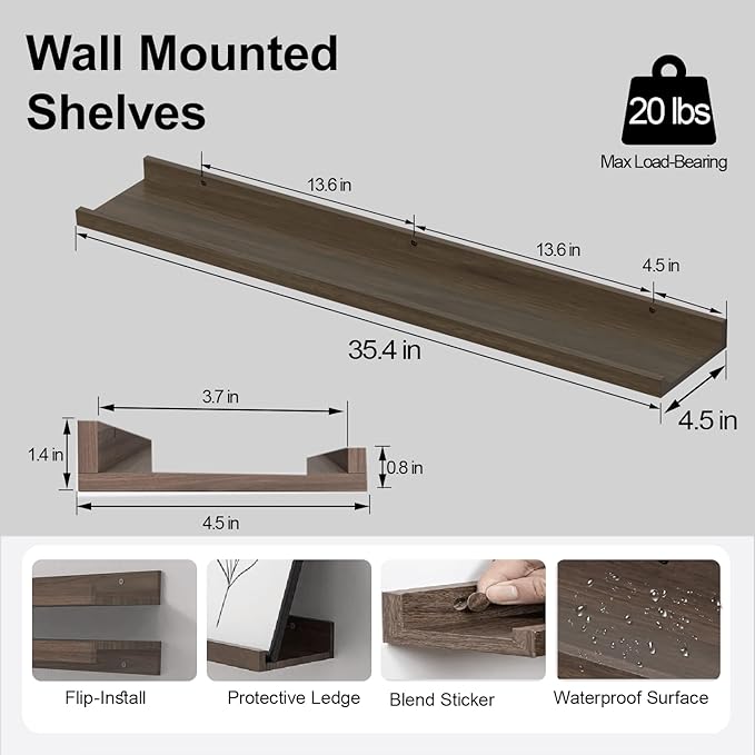 Floating Shelves for Wall Decor, Long Wall Mounted Storage Shelf for Bedroom, Living Room, Bathroom, Kitchen, Nursery, Display Picture Ledge Shelf with Lip Set of 2-36 Inches, Walnut