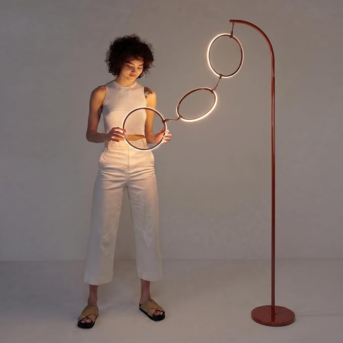 Brightech Nova Modern Floor Lamp - Contemporary Arc Tall Lamp with 3-Circle Ring-Style Pendant - Over the Couch Standing Lamp on Arching Pole - Eclectic Tall Lamp Matches Living Room Décor - Red