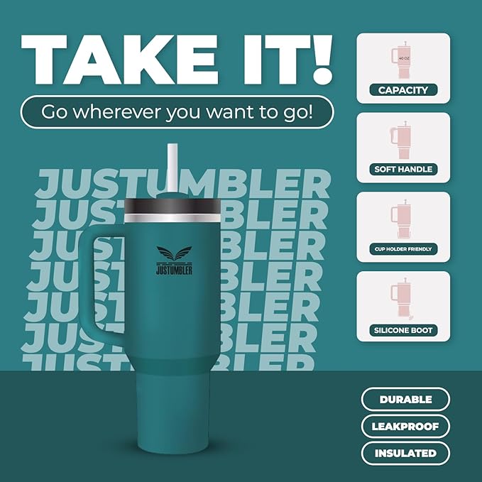40 Oz Insulated Tumbler with Handle and Straw, Stainless Steel Coffee Travel Mug with Lid, Leak Proof Water Bottle with Accessories, Blue Spruce