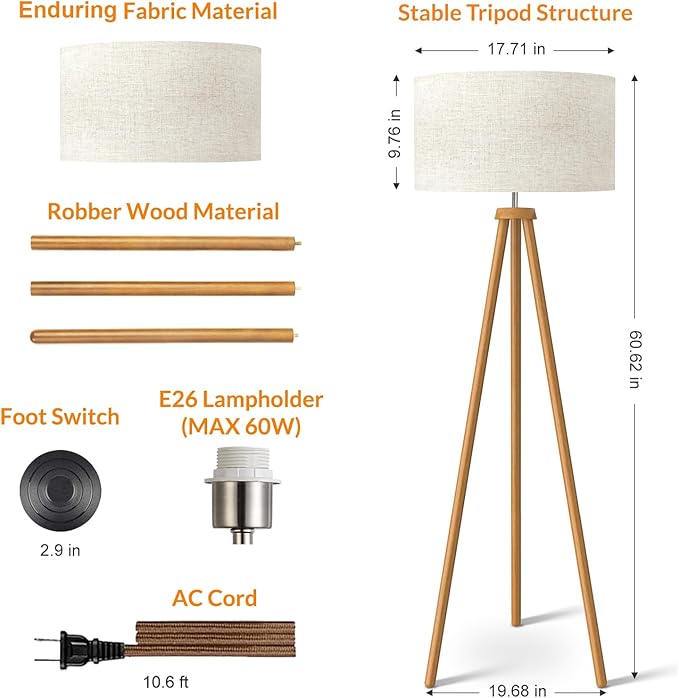 LEPOWER Wood Tripod Floor Lamp, Mid Century Standing Lamp for Living Room, Flaxen Lamp Shade, Modern Design Lamp with E26 Base, Tall Floor Light for Bedroom, Study and Office Brown