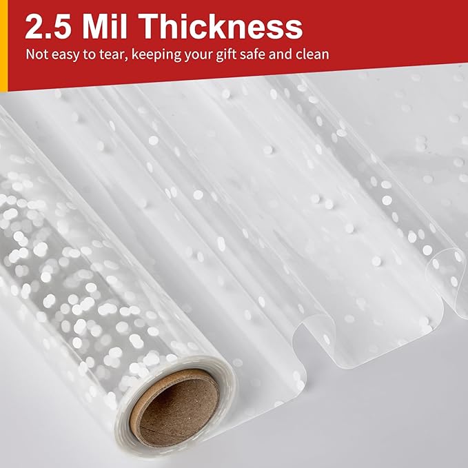 Mauproy 34 In x 100 Ft Clear Cellophane Wrap Roll, Extra Wide, 2.5 Mil Thick Transparent Wrapping Paper with Irregular White Dot for Baskets, Flower Bouquets, Gifts, Treats (34" Fold into 17")