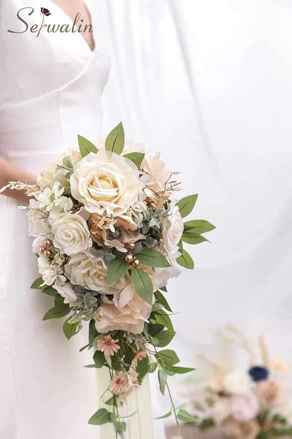 Serwalin 9.8 Inch Wedding Bouquets for Bride Bridesmaid, Champagne Rose Bridal Bouquets for Bride, Wedding Flowers Bouquet Tossing Bouquet, Wedding Ceremony and Anniversary Day Decoration