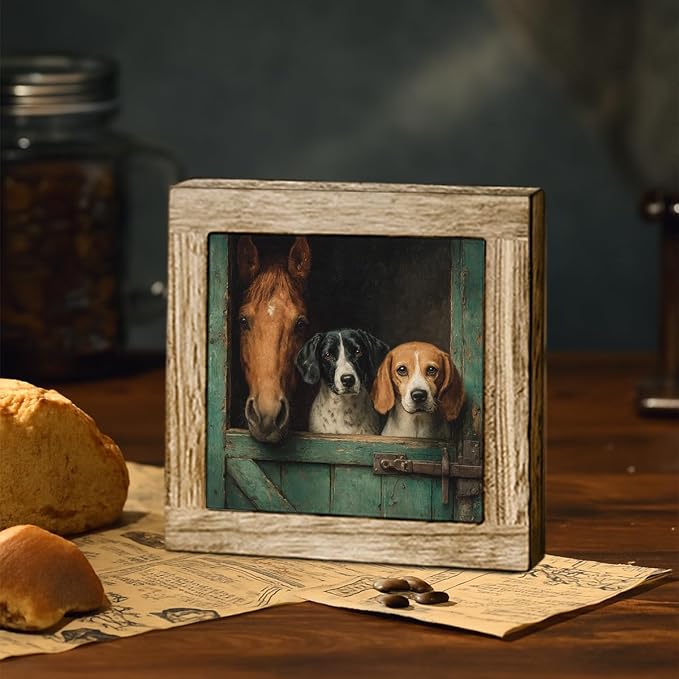 Horse and Dogs Farm Animal Wooden Desktop Sign, Rustic Farmhouse Stable Wood Plaque Tabletop Decor, Country Animal Wooden Sign for Home Office Shelf