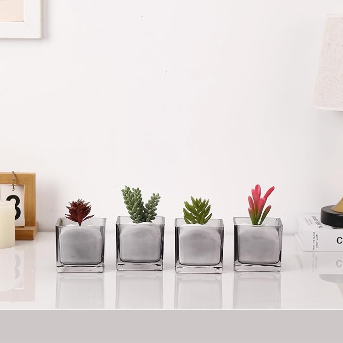 Square Flower Vases Set of 9, 3"x 3"x 3" Glass Vases for Centerpieces, Grey Vase for Flowers, Small Vase for Wedding, Party, Home Office Decoration