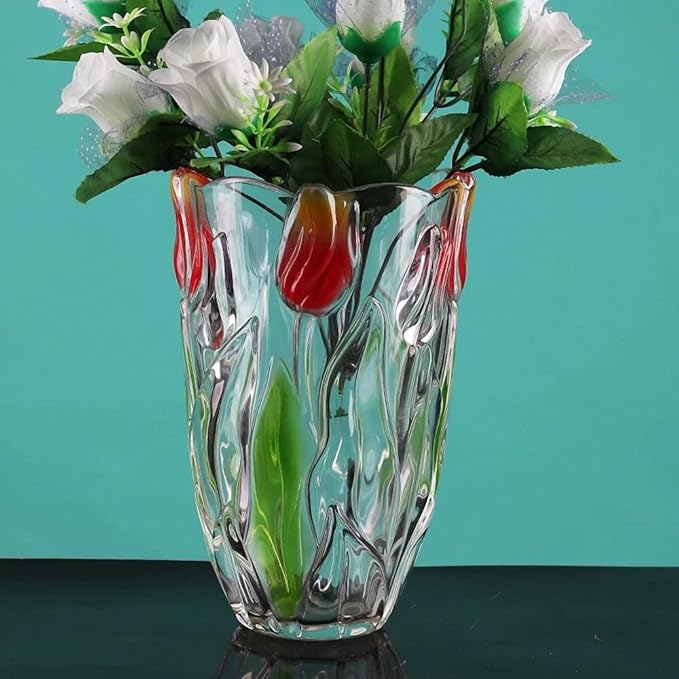 Glass Flowers Vase 9.3 inch Tall, Unique Crystal Vases for Tables Centerpieces, Vintage and Tulip Shape Large Vases Christmas Thanksgiving Gifts. (Green)