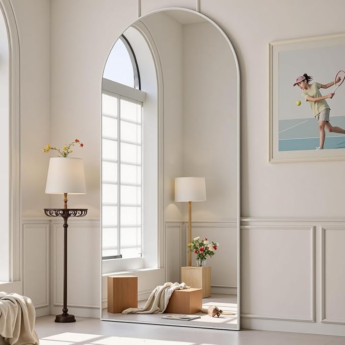 Dewfig Arched White Full Length Mirror, 71"X26", Large Floor Mirror, Full Body Mirrors for Leaning or Hanging, Standing Mirrors for Bedroom, Living Room,Dressing Room, Aluminum Alloy Frame, White