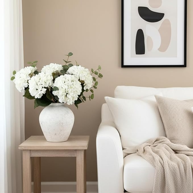 Real Touch White Faux Hydrangea And Eucalyptus Arrangement, Faux Floral Arrangements, Hyper Realistic Artificial Flowers, White Centerpieces For Kitchen Dining Coffee Table Decor, 5 Heads + Greenery