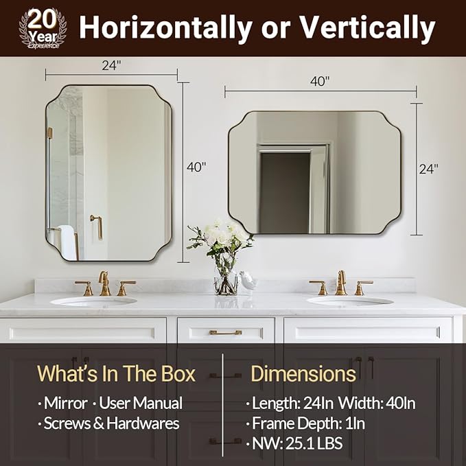 ANDY STAR 24"x40" Gold Mirror, Brushed Brass Scalloped Wall Mirror, Unique Rectangle Mirror, Bathroom Vanity Mirror in Anti-Rust Stainless Steel Metal Frame 1’’ Deep, Hangs Vertically/Horizontally