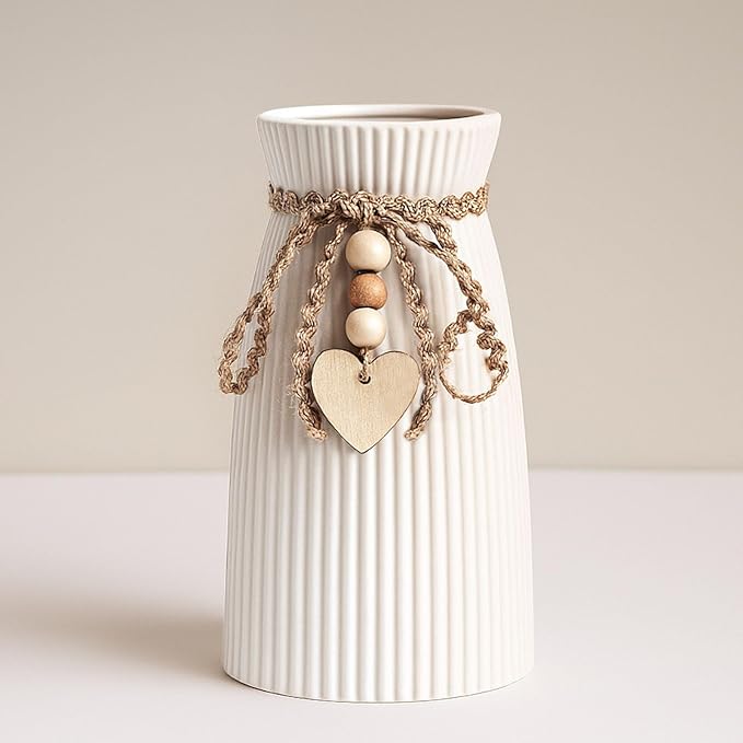 DomeStar White Flower Vase, Small Ceramic Vase Modern Home Decor with Grooves and Hanging Rope for Wedding Baby Shower Party Gift