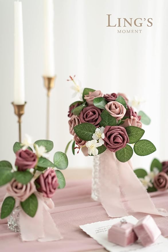 Ling's moment Artificial Wedding Flowers 1.5" Rose Buds and 2" Petite Roses 25pcs Dusty Rose & Mauve w/Stem for DIY Wedding Boutonniere Wrist Corsages Bouquets Centerpieces Arrangements
