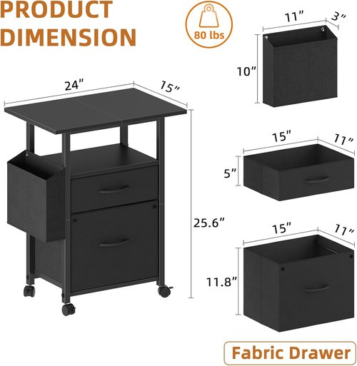 GYIIYUO 2 Drawer File Cabinet - Mobile Rolling Filing Cabinet with Extended Desktop & Side Bag - Black