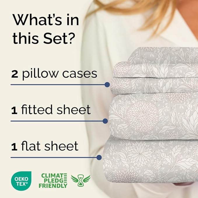 Floral Sheets - Beige Floral Bed Sheet Set - 1 Flat, 1 Fitted & 2 Pillowcases w/ Deep Pockets - Comfy, Wrinkle & Fade Free - Boho Botanical Bedding - Ultra-Soft, Breathable & Cooling - Queen Size