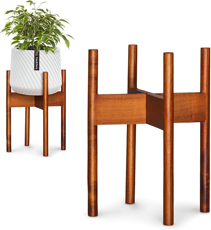 Fox & Fern Mid Century Plant Stand — 8 Inch Fixed Size Wooden Plant Stand for Indoor Planters (Not Included) - Raised Flower Pot Holder for Indoors - Plug In Design - Two Height Options - Acacia