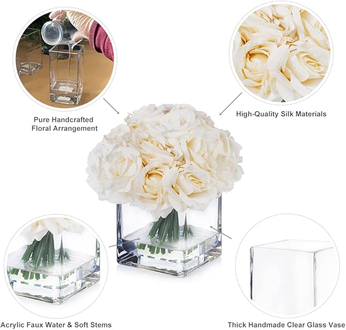 ENOVA FLORAL 18 Pieces Rose Artificial Flowers in Vase, Artificial Flowers Arrangements in Vase with Faux Water for Dining Table Decoration, Home Decor Indoor(Cream)