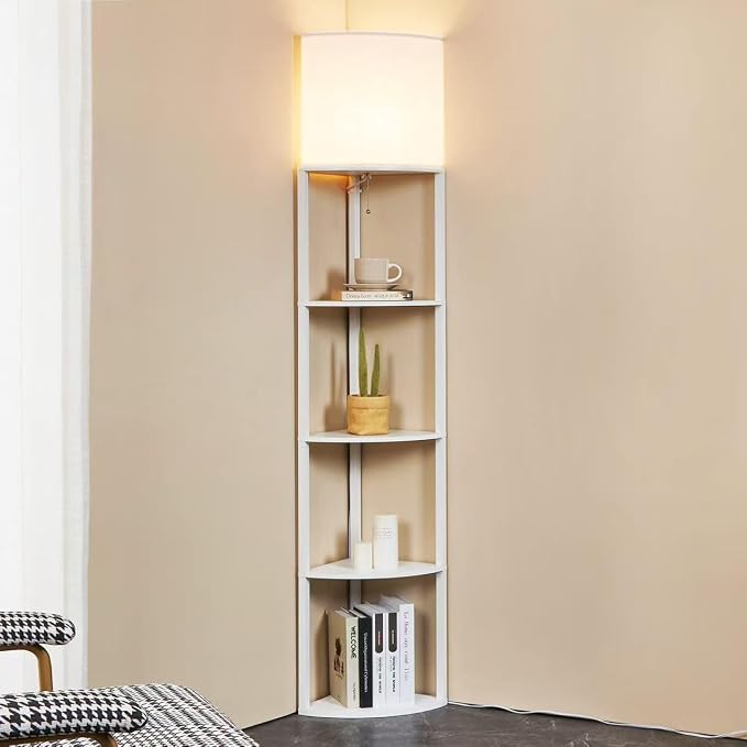 Corner Floor Lamp with Shelves, Tall Corner Lamp with Fabric Shade, Modern Torchiere Lamp for Living Room, Bedroom, Office, Corner Display Shelf with Light, Home Decor, White