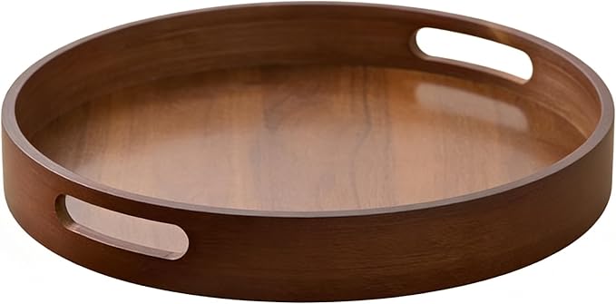 11.8 Inch Rustic Wood Serving Tray with Handles-Small Round, Decorative Tray for Kitchen Living Room Coffee Table Candle Display Breakfast in Bed, Multi-Functional Food & Beverage Tray Farmhouse Style