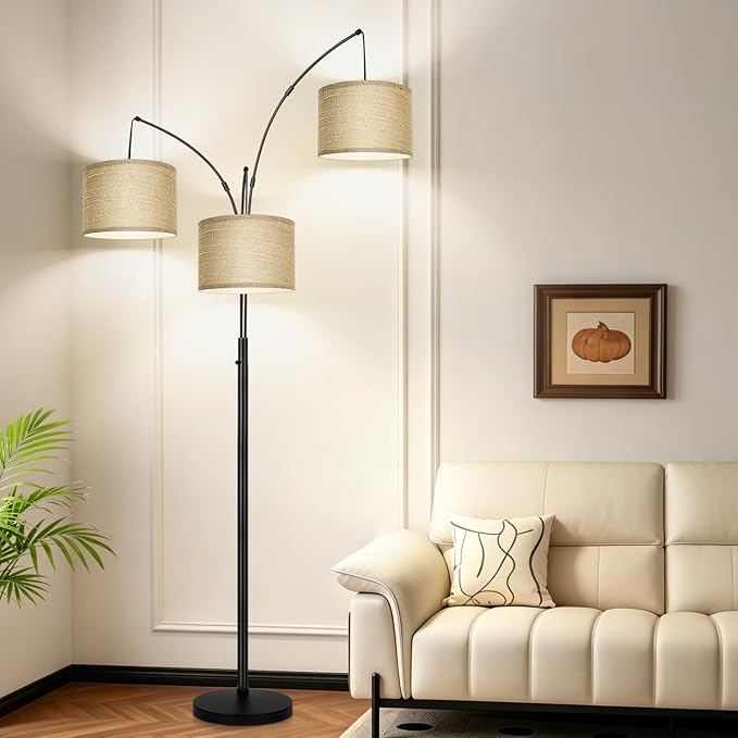 Nintiue Dimmable Floor Lamp, 3-Light Black Tree Floor Lamp with Champagne Linen Shades, Mid Century Modern Standing Lamp with Heavy Base, 3 LED Bulbs Included for Living Room Bedroom Office