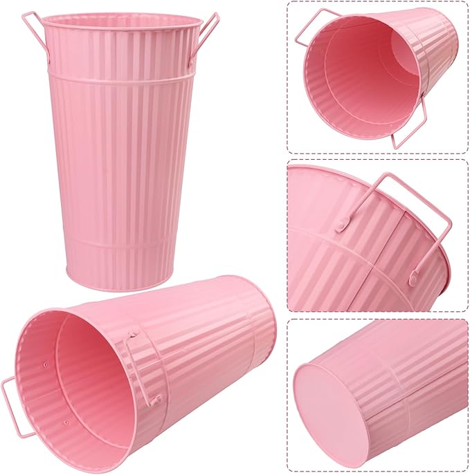 4 PCS 12 Inch Pink Galvanized Flower Buckets, Metal Flower Vase, Rustic Tall Flower Bucket with Handles for Wedding, Home Décor