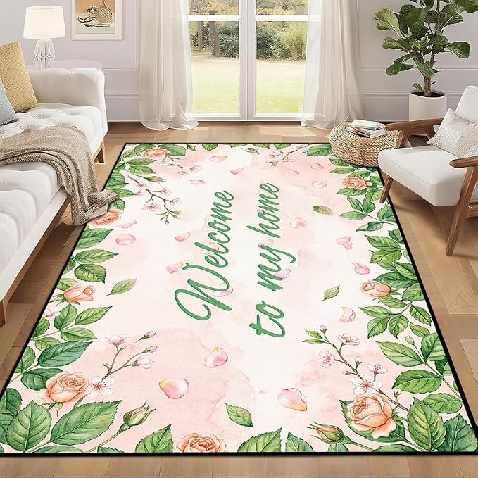 Welcome Rug Floral Area Rug for Entryway Bedroom Living Room Nursery Playroom Classroom Home Decor Pink Rose Green Leaf Carpet Non-Slip Washable Floor Mat,2'x3'